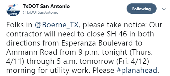 TXdot Construction Alert Tweet 